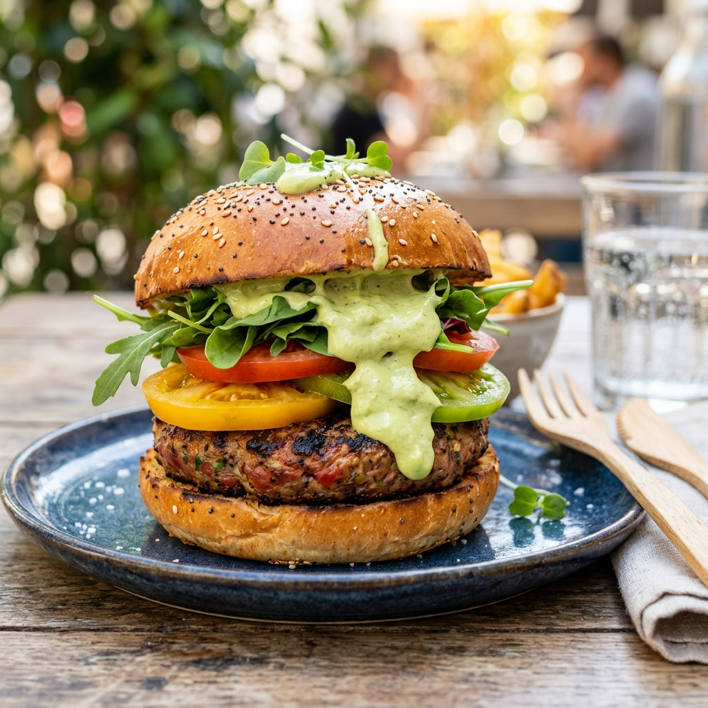 Garden Genius plant-based burger with avocado crema