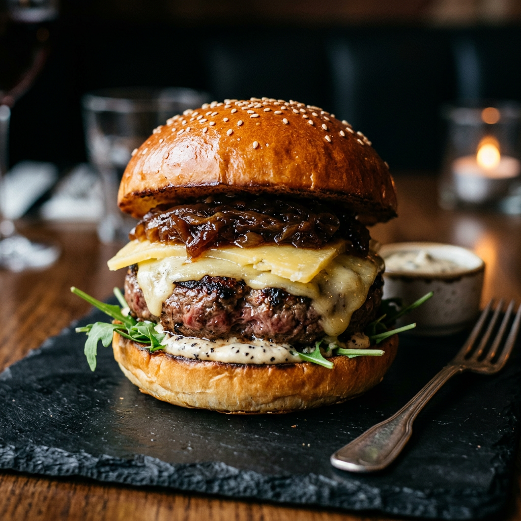 The Lab Experiment burger with truffle aioli and aged cheddar